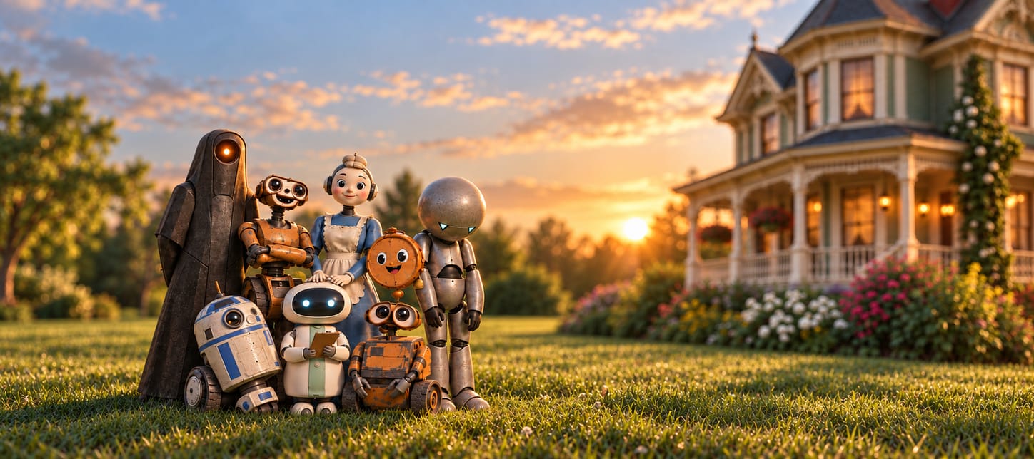 The homebot family on a sunlit lawn beside a green Victorian house with a white porch, hanging flower baskets and climbing roses, under a blue evening sky. Back row, left to right: HAL 9000, a tall black hooded monolith with one glowing eye; Johnny 5, arms folded; Rosie in a maid’s cap and apron, both hands resting on Neatpik’s head; Miss Minute, a smiling clock face; and Marvin, tall, grey and glum. Front row: R2-D2, Neatpik holding a clipboard, and WALL-E.