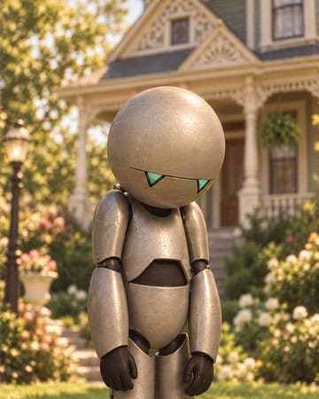 Marvin: a tall grey robot with a big round head and two small triangular eyes, looking glum.