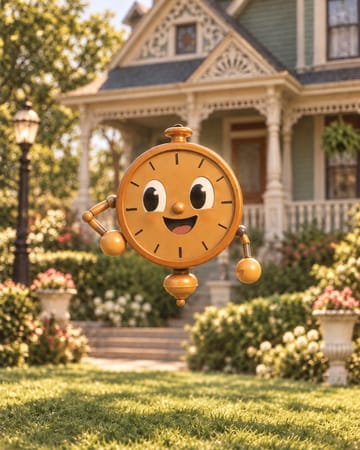 Miss Minute: an orange pocket-watch with a smiling cartoon face and little arms.