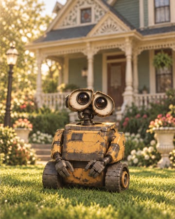 WALL-E: a boxy, rust-streaked yellow robot on treads, with two binocular eyes.